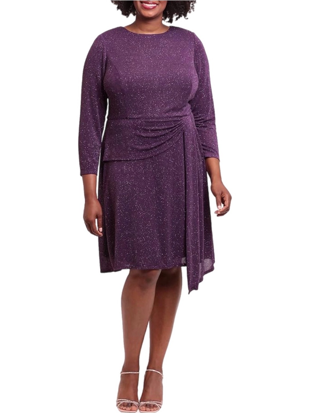 NWT London Times Woman Plus Size Sparkle Purple Draped Waist Midi Dress 20W